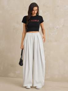 SHEIN Tall 女士秋季街头风情侣同款日常穿搭复古返校休闲条纹宽松低腰白色香蕉裤 - 白色 - 查看 5