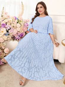 SHEIN Clasi 大码女式夏季连衣裙，优雅褶皱雪纺连衣裙，半透明长裙，飘逸长裙 - 淺藍色 - 查看 5