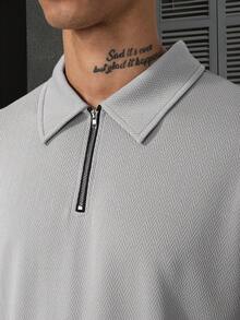 Manfinity Homme Men's Solid Color Zip-Up Half Placket Short Sleeve Polo Shirt And Shorts Casual Daily Outfit - Grey - View 6