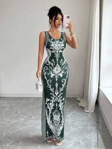SHEIN Elenzya Exquisite Printed Chinoiserie Waist-Cinching Slit Luxurious Retro Middle Eastern UAE Style Robe, Tight Fit, Multi-Color, Sleeveless - Dark Green - View 3