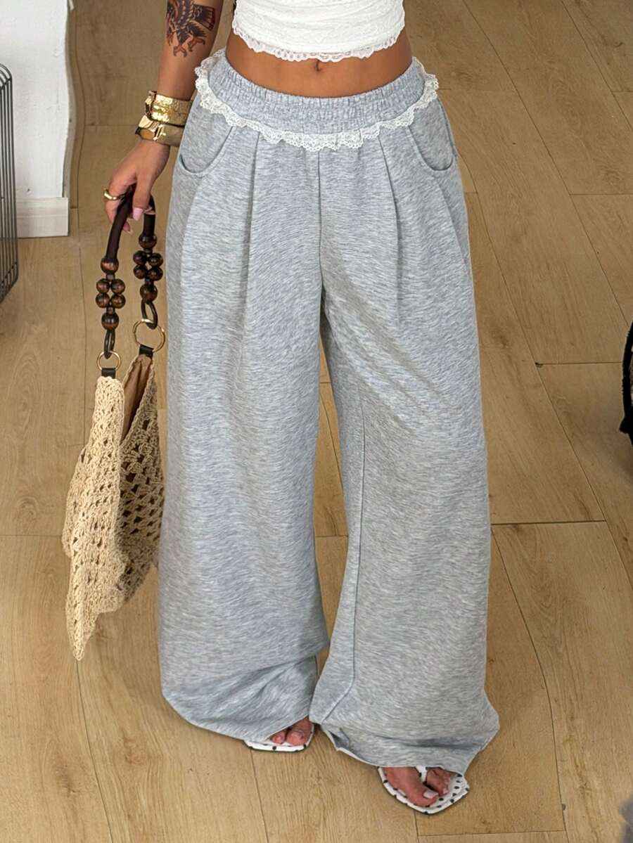 Coolane 女士夏季街头休闲运动必备单品法式灰弹力腰直筒裤 - 灰色 - 查看 1