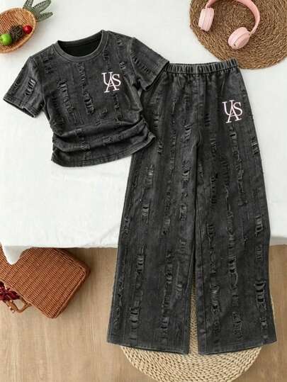 SHEIN Girls' Black Tie-Dye T-Shirt & Wide Leg Jeans Set, Casual Loose Fit, Embroidered English Design, Fashionable & Versatile For Spring/Autumn, Suitable For Daily Wear, Outings, Gatherings, 2025 Autumn New Arrival