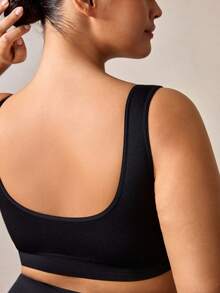 Veilyse 1 pieza Sujetador deportivo sin costuras de doble capa y unicolor para mujer de talla grande, ropa interior de yoga y fitness cómoda y inalámbrica (con almohadillas no fijas desmontables) - Negro - Ver 3