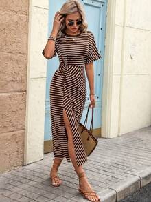 SHEIN LUNE Women's Casual Twist Striped Slit Dress - Brown - View 3