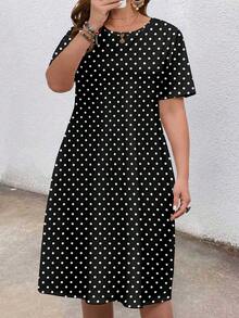 EMERY ROSE Plus Size Round Neck Short Sleeve Casual Dress With Pockets, Loose Polka Dot, Summer  Casual Dresses For Women - Multicolor - View 5