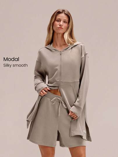 GLOWMODE Modest 1PC SoftCalm Modal Always Glowing Relaxed Fit Thigh Length Pocket Side Split Hem Hooded Long-Sleeve Daily Casual Wear