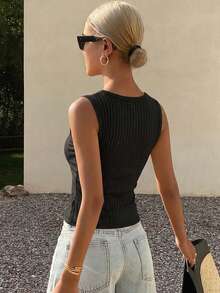 DAZY Women's Square Neck Fitted Ribbed Camisole Top, Summer - Black - View 6