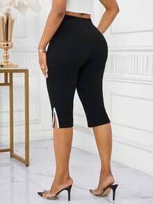 SHEIN Tall CURVE 大码女式纯色长裤，时尚夏季大码女式短裤 - 黑色 - 查看 2