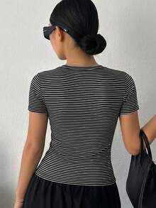 DAZY Women Striped Crew Neck Fitted Undershirt - Black and White - View 5