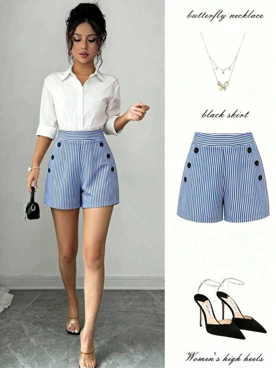 Elenzga Striped Button Decor Elegant Romantic Commute Minimalist Shorts Vacation Blue And White Stripe Summer - Blue and White - View 1