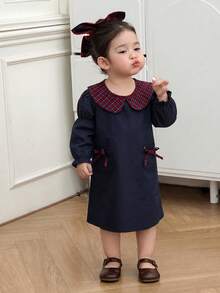 DAZY 女嬰韓式無袖彼得潘領洋裝 幼兒秋季款 - 藍色 - 查看 6