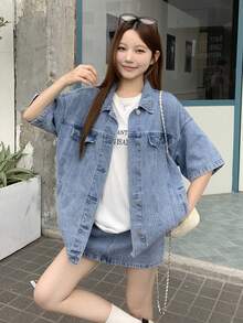 DAZY 女款牛仔翻領韓風短袖襯衫與短褲兩件套 夏季 - 藍色 - 查看 4