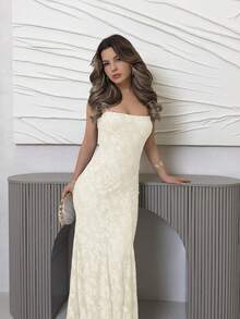 Jemour Women's Solid White Backless Tie Strap Cutout Fishtail Dress, Suitable For Spring/Summer, Vacation, Wedding Season Party Elegant - Beige - View 6