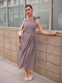 Andrea Bello Casual Plaid Cinched Waist Ruched Fitted Dress Elegant Summer - Coffee - View 1