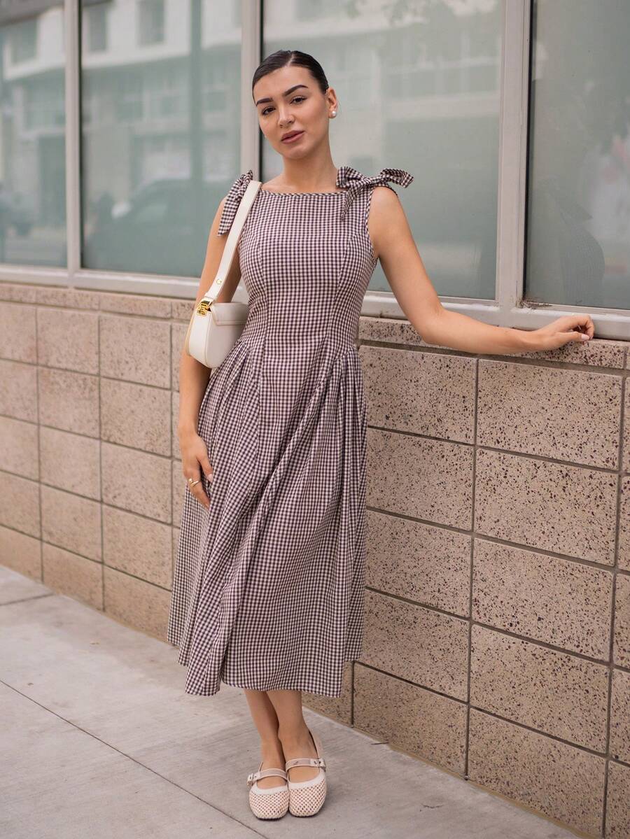 Andrea Bello Casual Plaid Cinched Waist Ruched Fitted Dress Elegant Summer - Coffee - View 1