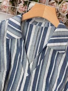 SHEIN LUNE Đầm mùa hè dáng rộng, không tay, kẻ sọc, cài nửa thân trước, kiểu dáng thường ngày, đa năng, cỡ lớn. - Màu xanh lam - Xem 3