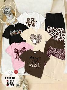 (Random 5 Sets, Send 3 Set) Baby Girl Fashion Fresh Leopard Pattern Puzzle Style Letter Printing Casual Style Basic Short T Plus Cycling Pants Set - Multicolor - View 3