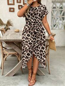 EMERY ROSE Plus Size Women Casual Leopard Print Slit Hem Round Neck Dress - Multicolor - View 1