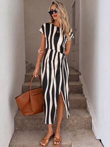 SHEIN LUNE Black Striped Print, Elegant Casual Knotted High-Slit Sleeveless Midi Dress. Dates Summer Vacation Vacation Going Out - Multicolor - View 5