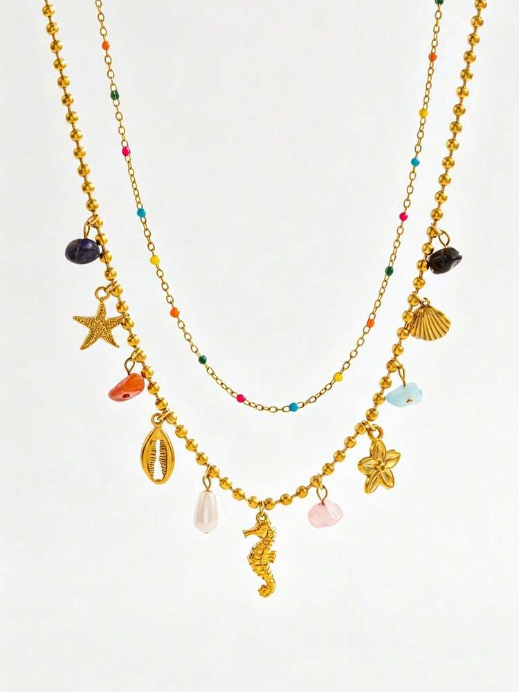 ROMWE Fairycore 2 Collares de acero inoxidable de estilo marino de moda, conjunto de collares con colgante geométrico de elemento marino, adecuado para uso diario, fiestas y vacaciones de mujeres, joyería de encanto exquisito y único, regalos para días festivos - Amarillo Dorado - Collar Elemento Océano de Acero Inoxidable - Añade 6