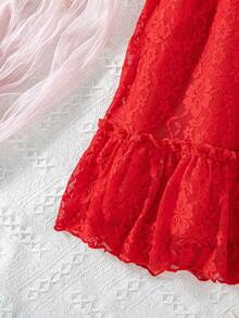 Elladie kids Red Summer Satin Party Spring Dress For Toddler Girls,Lace Floral Fabric,Flutter Sleeves,Ruffle Hem,Back Zipper Closure,Cute & Playful Summer Vacation - Red - View 9