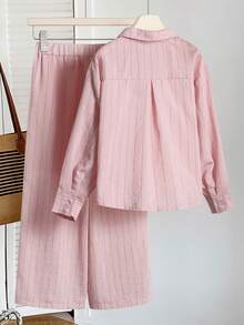 SHEIN 少女春秋季休闲度假日常通勤刺绣条纹印花长袖衬衫和阔腿裤套装 - 粉色 - 查看 2