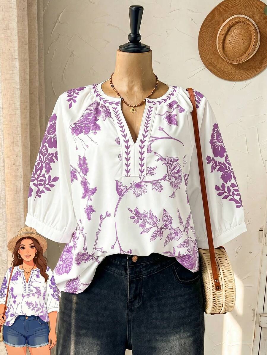 Rusticease Lässige Sommerbluse für Damen in großen Größen mit lila Blumenmuster und kurzen Ärmeln im Landhausstil. Ideal für Urlaub, Freizeit und Freizeit. Auch als Tunika oder Oberteil mit Blumenmuster erhältlich. - Violett - Übersicht 1