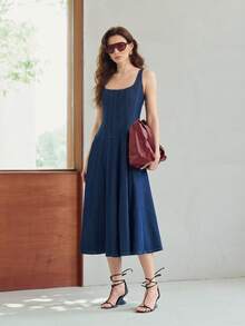 MOTF PREMIUM WOMEN'S A-LINE MID-LENGTH DENIM DRESS WITH LOW CENTER OF GRAVITY DESIGN, SPRING/SUMMER - Blue - View 5