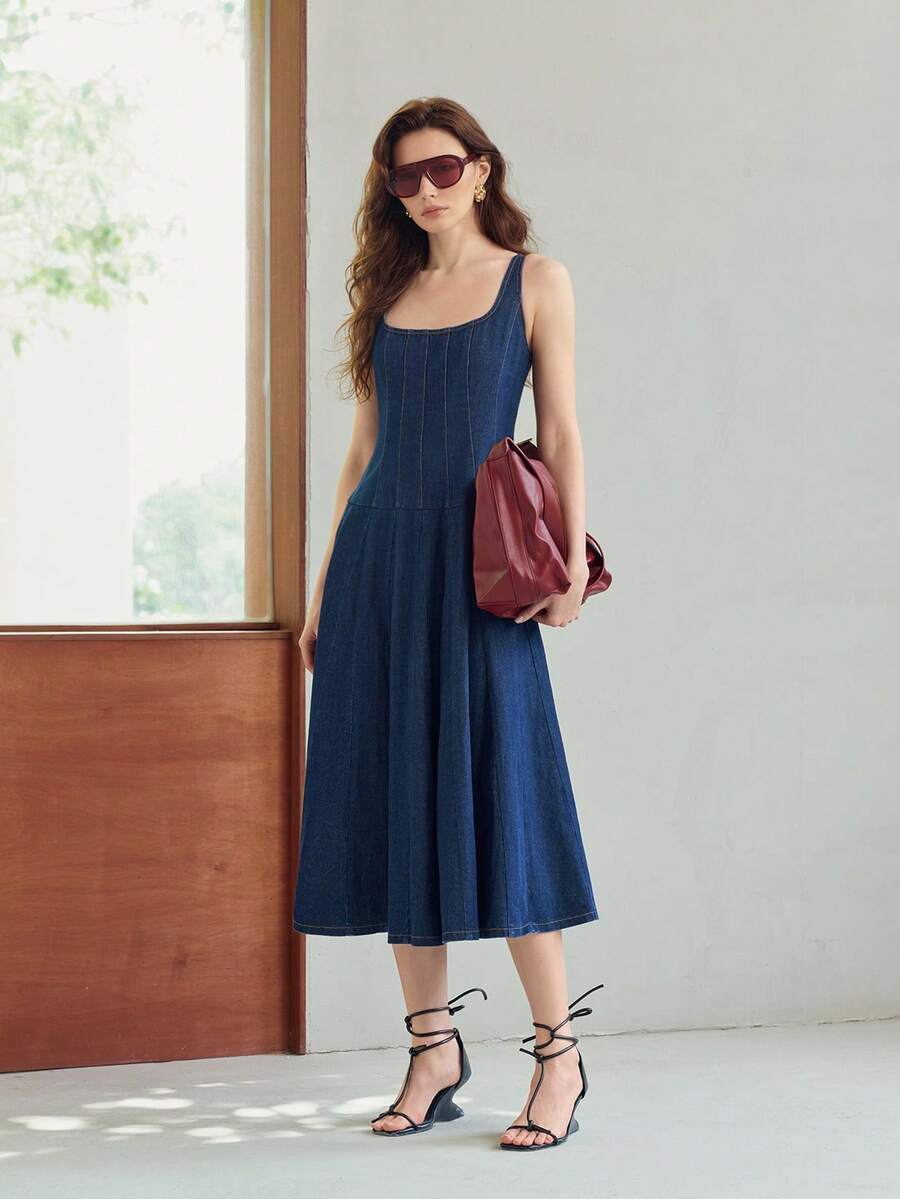MOTF PREMIUM WOMEN'S A-LINE MID-LENGTH DENIM DRESS WITH LOW CENTER OF GRAVITY DESIGN, SPRING/SUMMER - Blue - View 1
