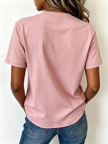 EMERY ROSE Women's Casual Summer Top, Fashion Versatile Denim Effect Pink Short Sleeve T-Shirt - Multicolor - View 2