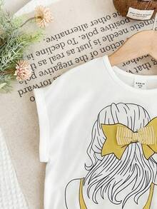 SHEIN LMoss Kids 2 Stücke Kleine Mädchen Strick Einfarbiges Rundhals T-Shirt und Lässige Hose mit Schmetterling Dekor Set - Gelb - Übersicht 5