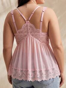 Solflare Plus Size Women's Lace Sheer Sexy Camisole Top For Summer - Baby Pink - View 2