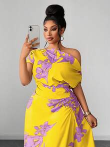 Maweii Plus Size Green Floral Print Ruched Waist Slit Shoulder Casual Vacation Dress - Multicolor - View 2