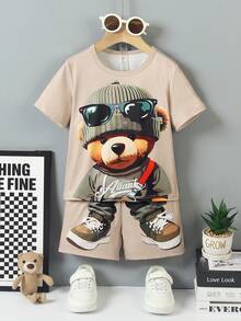 SHEIN Cartoon Print Crew Neck Short Sleeve T-Shirt And Shorts Set, Suitable For Summer - Camel - View 3