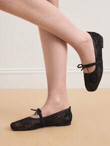 Eladyva Bow-Tie Square Toe Women's Flat, Knitted,Ballet, Low Vamp Ladies' Slip-On, Versatile, Bohemian, Black, White, Beige,Slouchy ,Elegant, Floral - Black - View 4