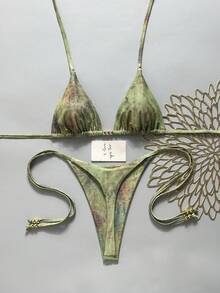 Swim Vcay 女款夏季海灘度假塗鴉印花掛脖綁背性感丁字褲比基尼套裝 - 綠色 - 查看 6