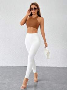 SHEIN PETITE CURVE Quần legging co giãn màu trơn cỡ lớn, thích hợp mặc hàng ngày, mùa đông, mùa xuân, ngày Valentine, làm từ chất liệu PU, thích hợp cho trang phục lễ hội, tiệc tùng, đi làm, văn phòng, lễ tốt nghiệp và các dịp khác. - trắng - Xem 9