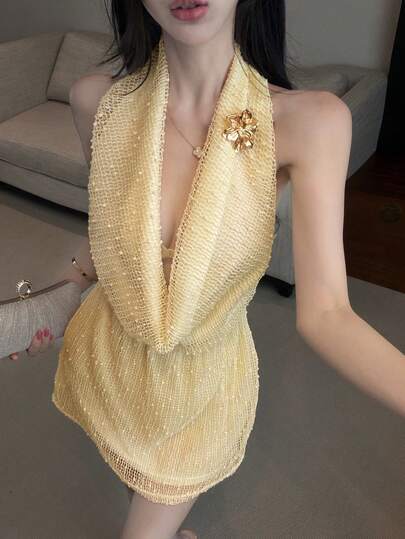 DAZY 春夏款薄纱网眼金属扣装饰黄色短款迷你连衣裙（女款）