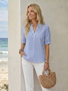 EMERY ROSE Camisa casual de mujer con patrón de rayas, adecuada para el verano - Multicolor - Ver 5