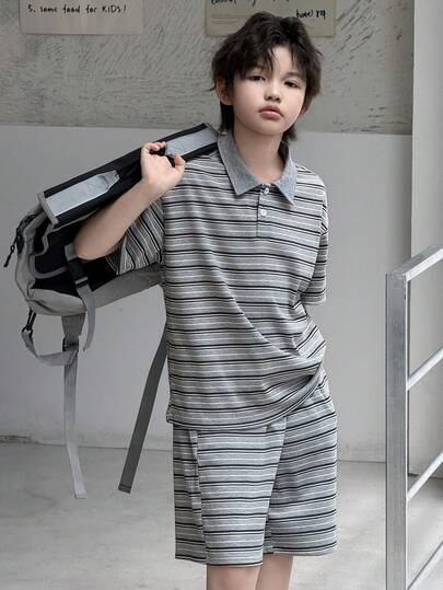 Dazy Kids 大童条纹宽松短袖休闲酷炫 Polo 领 T 恤套装