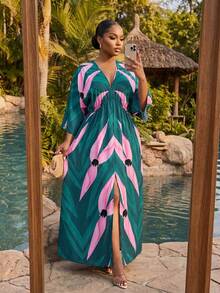 SHEIN CURVE+ Plus Size Women's Vacation Green Plant Print 3/4 Sleeve Dress - Multicolor - View 3
