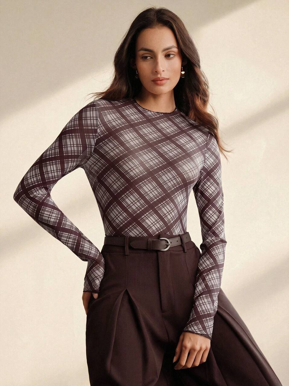 Anewsta Women's Vintage Plaid Elastic Cinched Waist Long Sleeve Top, Spring/Summer