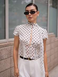 Andrea Bello Women's Elegant, Romantic, Fashionable, And Casual Polka Dot Print Chiffon Blouse With Ribbon For Spring And Summer; Sexy And Elegant Blouse; Cute Blouse; Short-Sleeved Blouse; Valentine's Day; Work Top. Spring Breaks, Summer Holidays, Wedding Party Top, Going Out Top For Women, Holidays For Women - Apricot - View 3