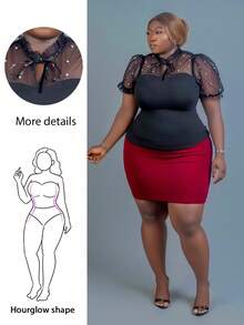 CurvyTilda Damen Große Größen Sommer Mesh Kontrast Schleifen-Kragen Puffärmel T-Shirt - Schwarz - Übersicht 4