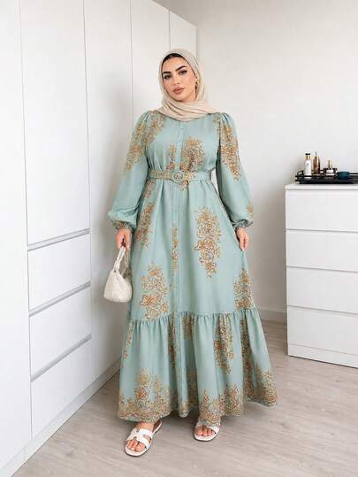 Modelyn Plus Size Women Floral Print Single Breasted Lantern Sleeve Elegant Dress