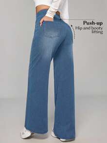 SHEIN PETITE Quần Jeans Ống Rộng Dáng Rộng Có Túi Lưng Thun Cho Nữ - Rửa nhẹ - Xem 2