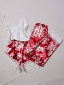 LuxeNights 3pcs Women Sexy Satin Camisole Sleepwear Set, Lace Trim Shorts & Printed Pants, Multi-Piece, All Season - Burgundy - View 6