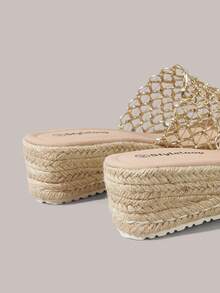 Styleloop Giày nữ đế xuồng mule hở lưng, gót dày, đan lưới vàng, đan dây thừng gai, chất liệu rơm, phong cách Boho, sandal mùa hè, phù hợp đi chơi, du lịch, hẹn hò, đi biển, phong cách thường ngày - Vàng - Xem 6