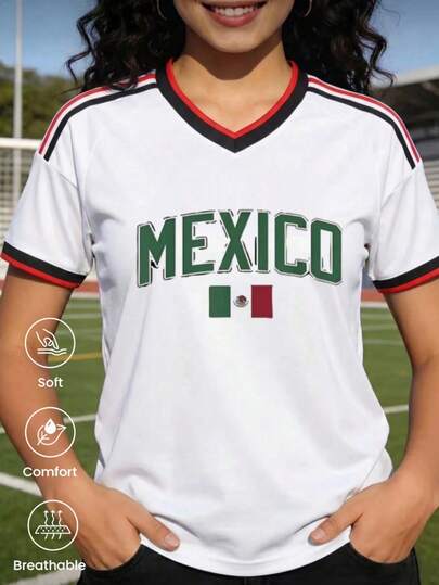 Copa del Mundo Camiseta de manga corta de moda para primavera y verano de 2026, hecha en México, 180 gramos. Estampado de dibujos animados, modelo de pareja, apta para uso interior o exterior. Cuello redondo, unisex, ideal para oficina y ocio. Paquete de una pieza.