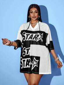 Maweii Camiseta suelta de playa de talla grande para mujer, de malla transparente y estampado digital de letras, de estilo casual y sexy para el verano - Blanco y Negro - Ver 4